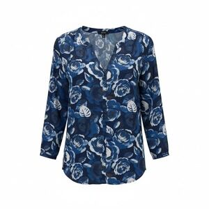 NYDJ Women Blouse L Petite Blue Rose Floral Split Neck Feminine Boho Romantic